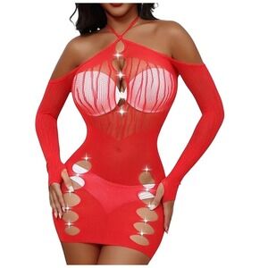 Sheer Mesh Red Heart Cutout Halter Neck Lingerie Dress Sexy Valentines Day Date